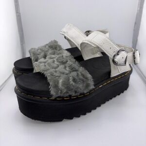 Dr Martens Sandals Shoes Womens Size 10 White Voss Quad Fluffy Fur Platform Y2K